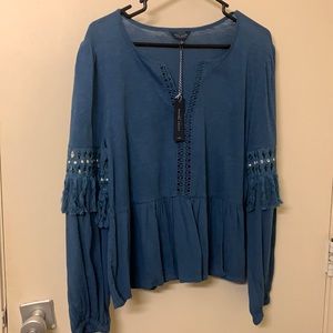 NWT Lucky Brand blue boho long sleeve peplum top with fringe and lace cutouts